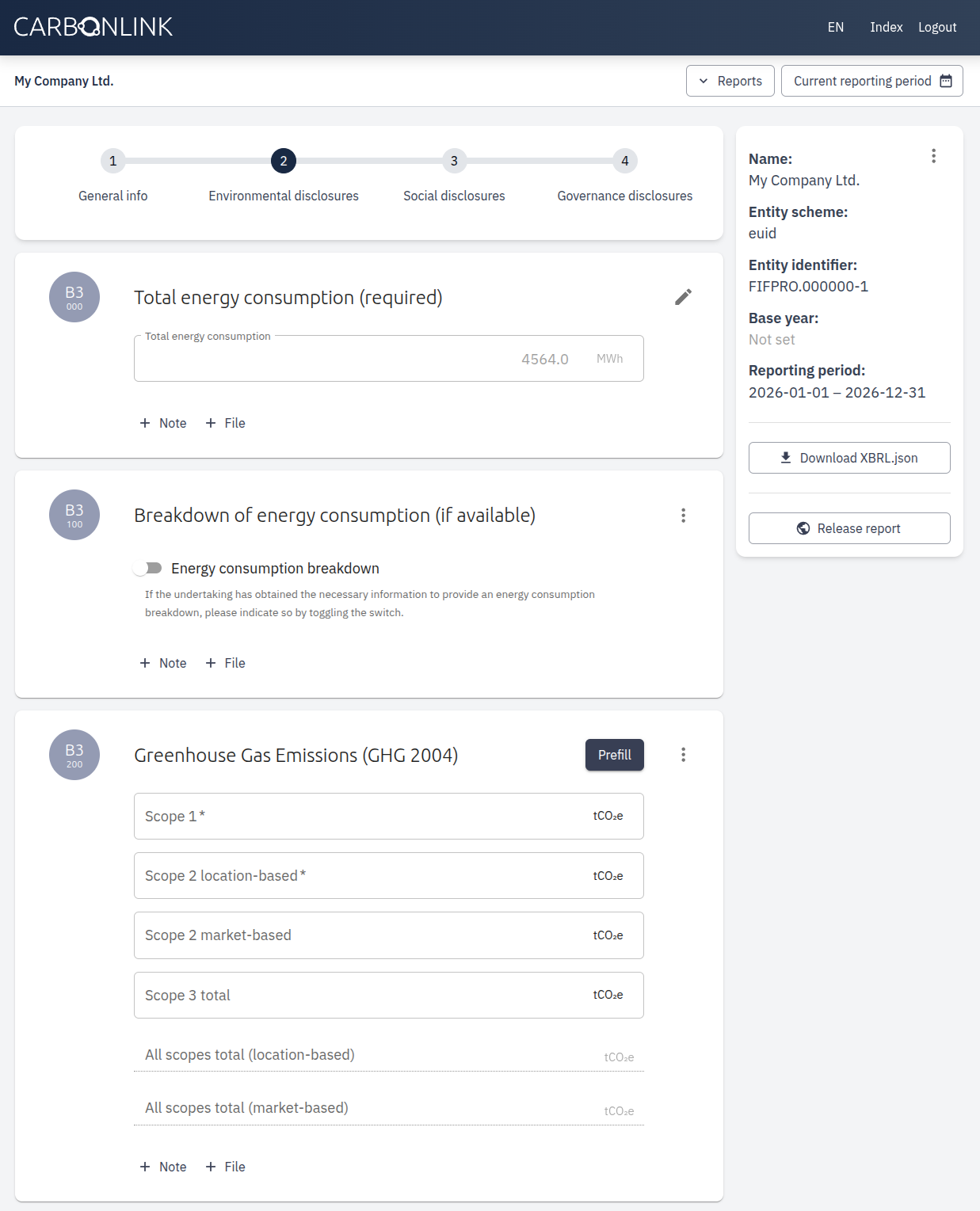 VSME report creation view