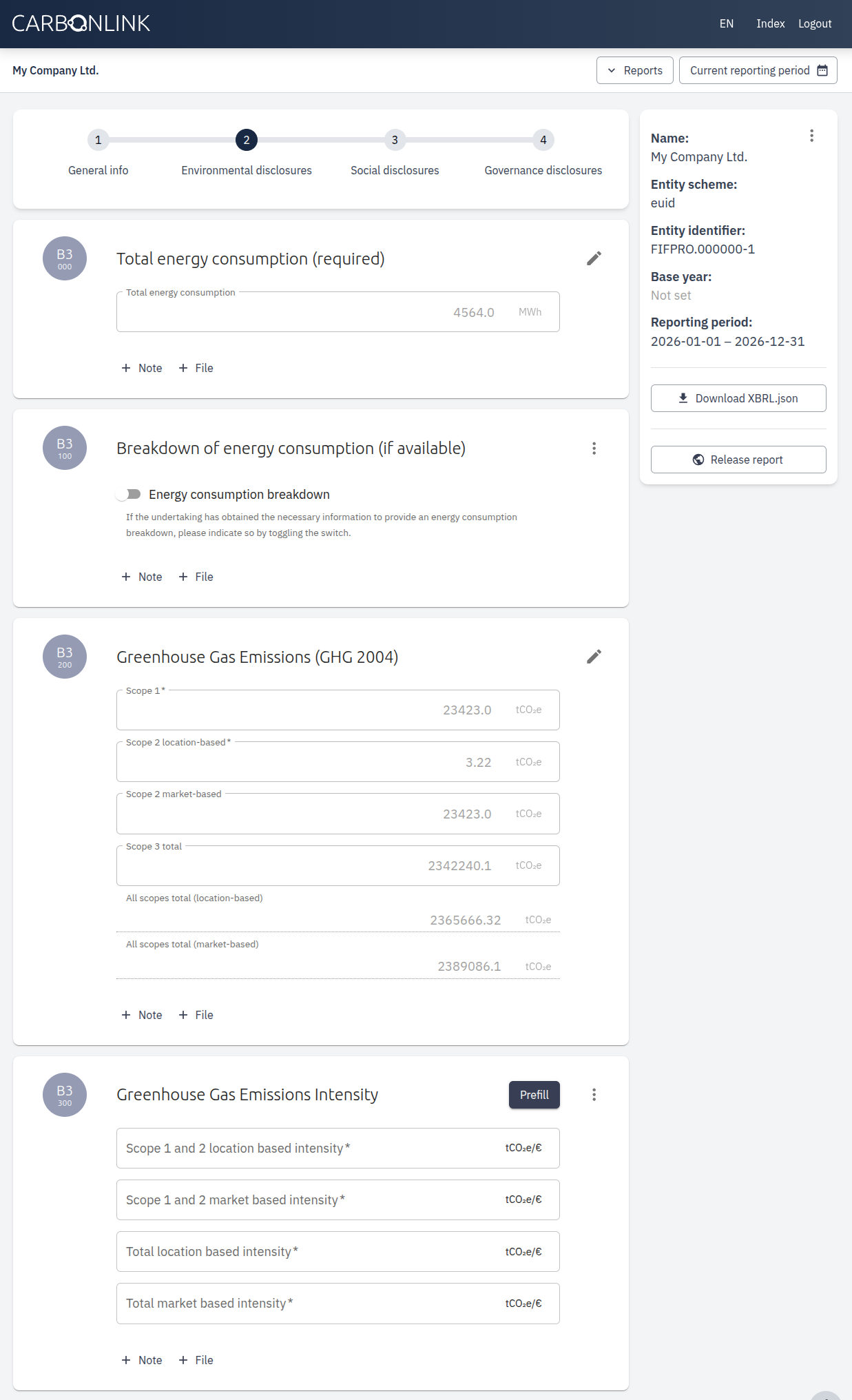 VSME report creation view in the application